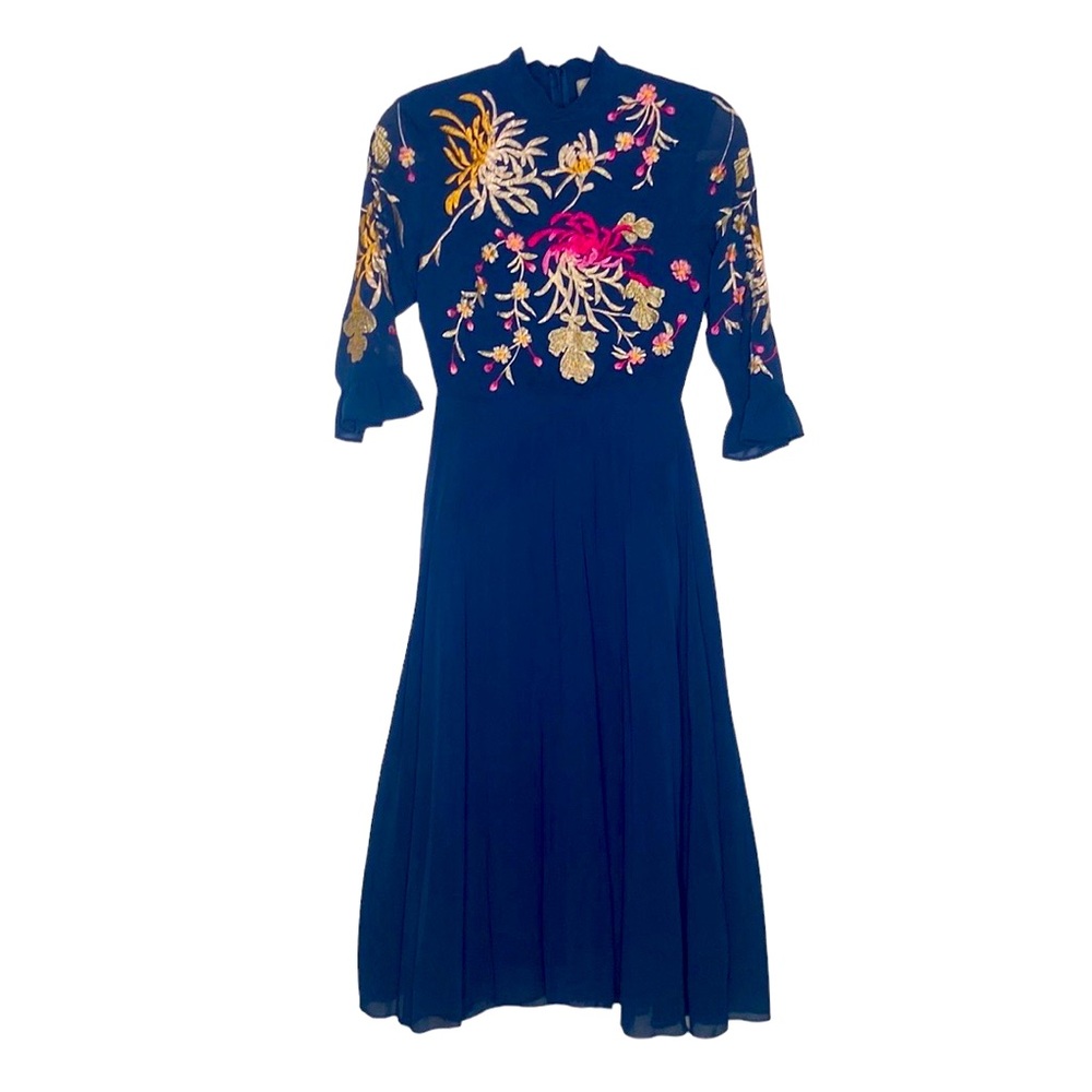 Asos Women's Blue Floral Embrodered Flowy Formal Midi Dress Half-Sleeve size 2
